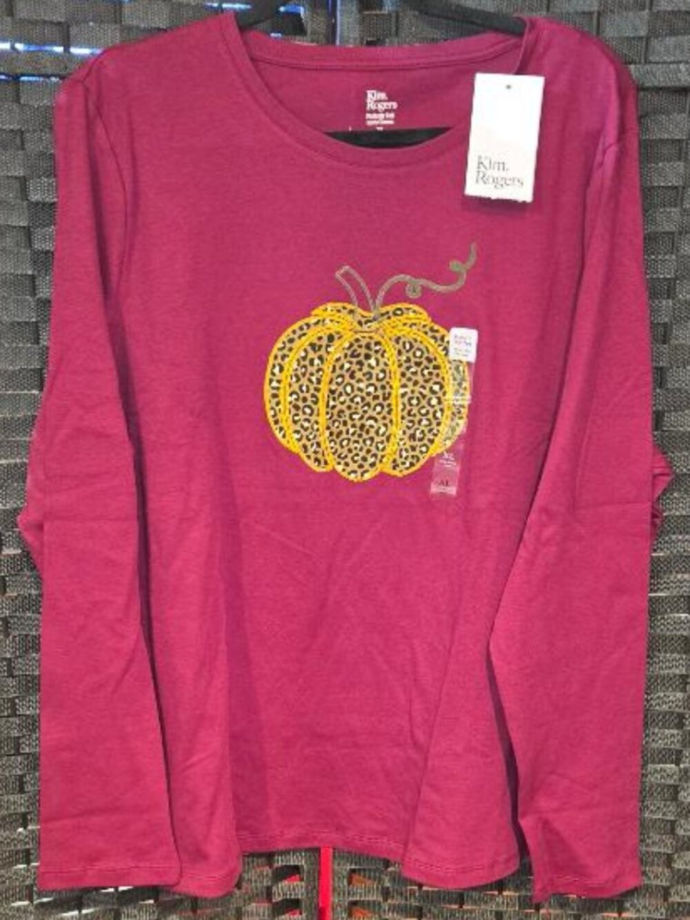 Kim Rogers Long Sleeve Leopard Print Pumpkin Graphic Knit Top 100% Cotton